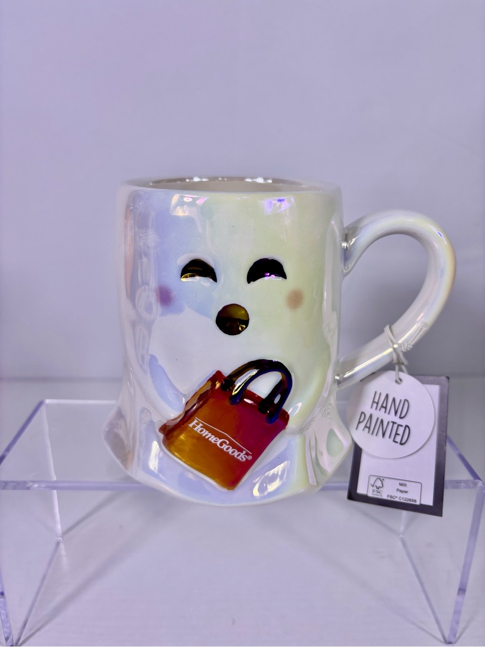 NWT HomeGoods Ghost Mug Iridescent Hand Painted Shopping Bag Halloween